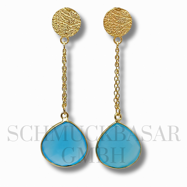 GOLD PLATED BLUE CHALCEDONY STONE EARRINGS