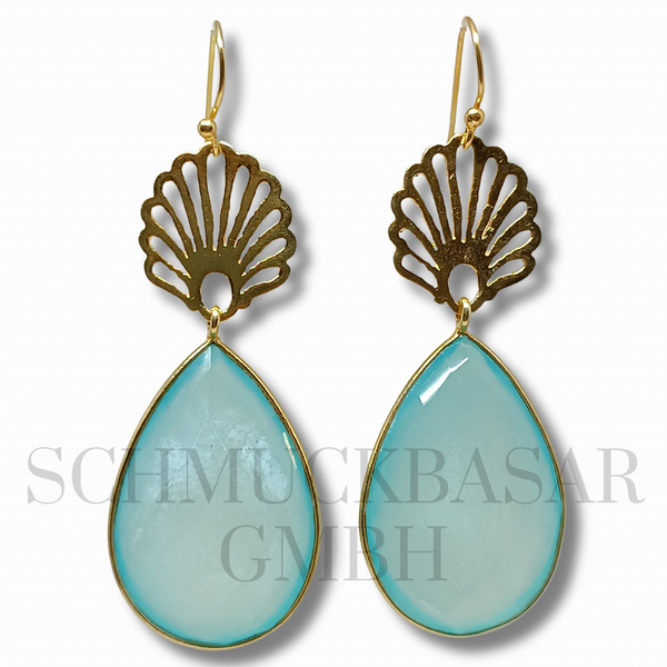 GOLD PLATED AQUA CHALCEDONY STONE EARRINGS