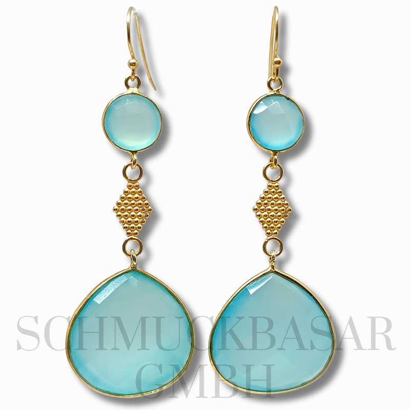 GOLD PLATED AQUA CHALCEDONY STONE EARRINGS