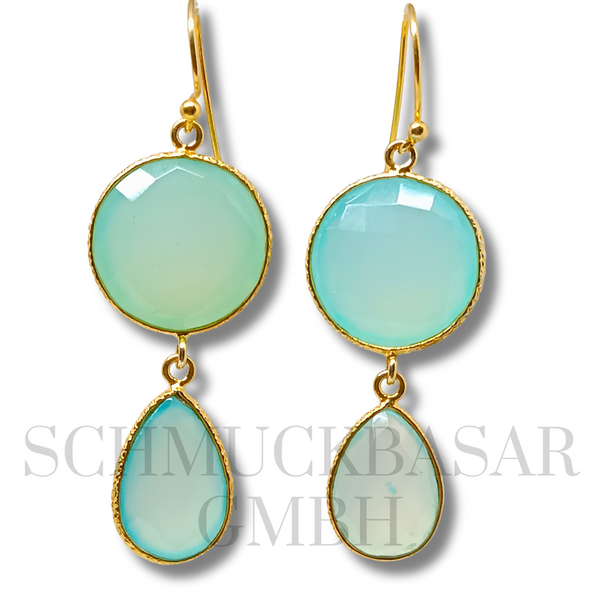 GOLD PLATED AQUA CHALCEDONY STONE EARRINGS