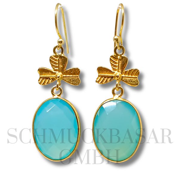 GOLD PLATED AQUA CHALCEDONY STONE EARRINGS