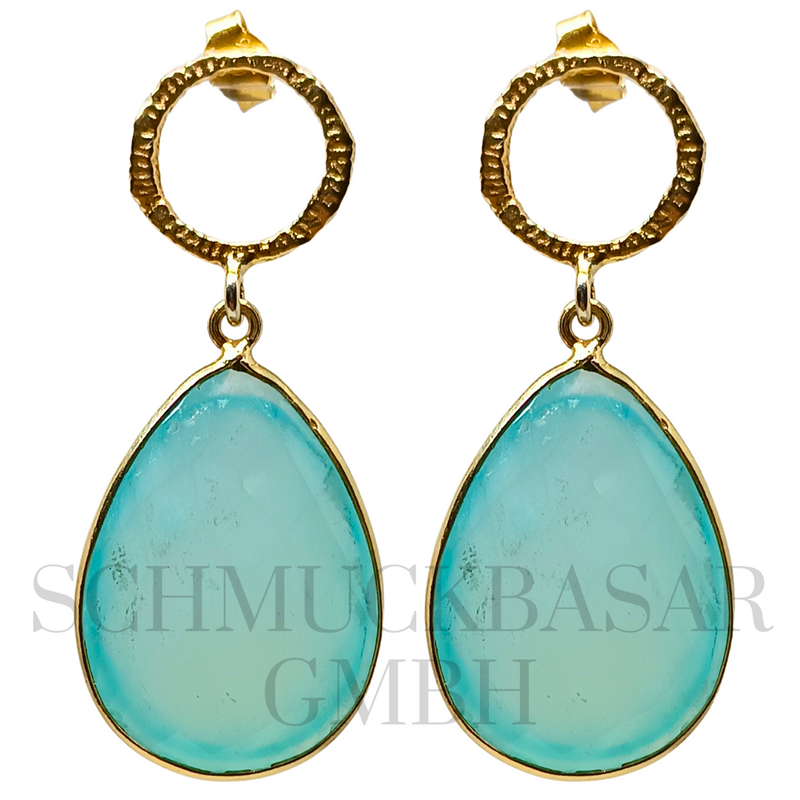 GOLD PLATED AQUA CHALCEDONY STONE EARRINGS