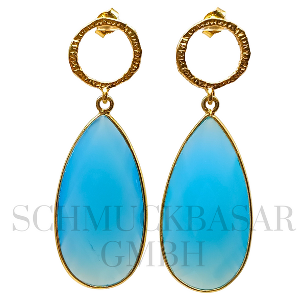 GOLD PLATED BLUE CHALCEDONY STONE EARRINGS