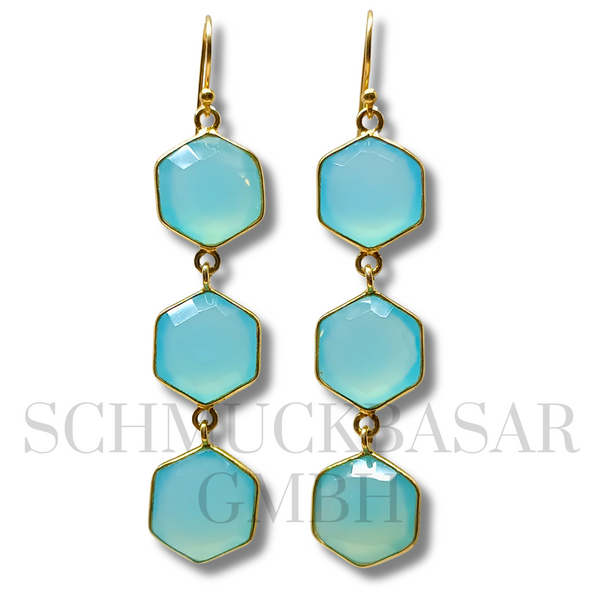 GOLD PLATED AQUA CHALCEDONY STONE EARRINGS