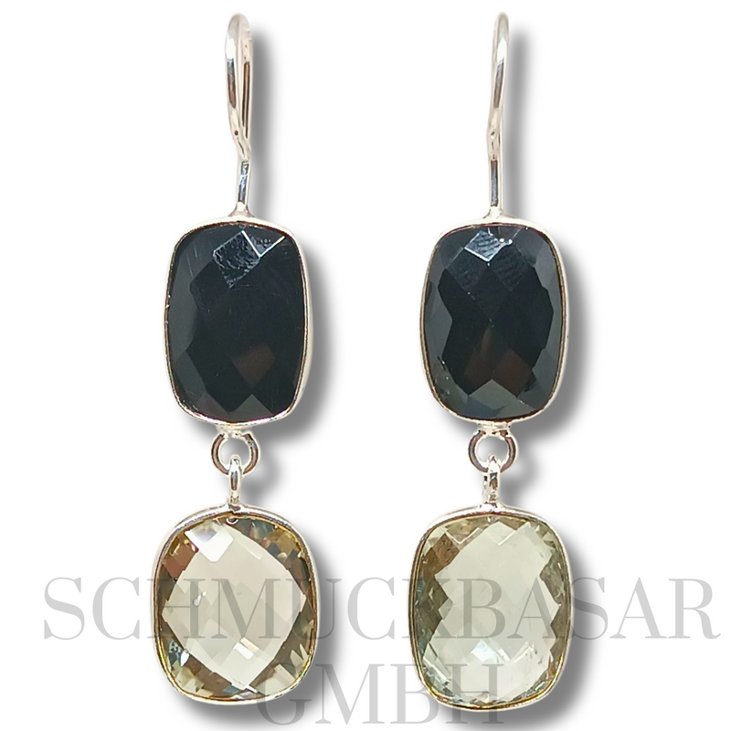 SILVER BLACK ONYX GREEN AMETHYST STONE EARRINGS