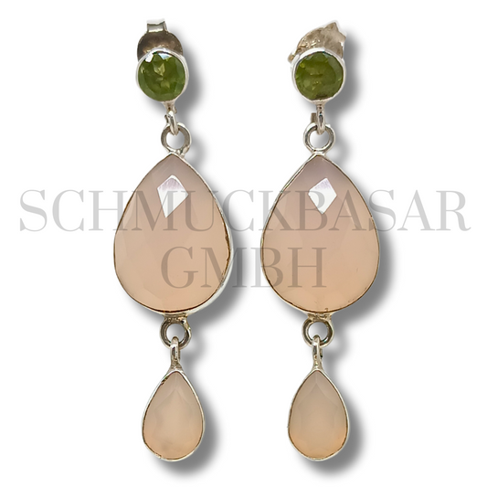 SILVER ROSE QUARTZ EMERALD STONE EARRINGS