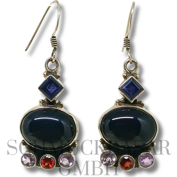 SILVER BLACK ONYX LAPIS LAZULI AMETHYST GARNET STONE EARRINGS