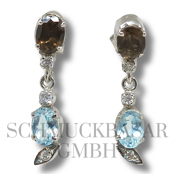 SILVER BLUE TOPAZ SMOKEY QUARTZ STONE EARRINGS