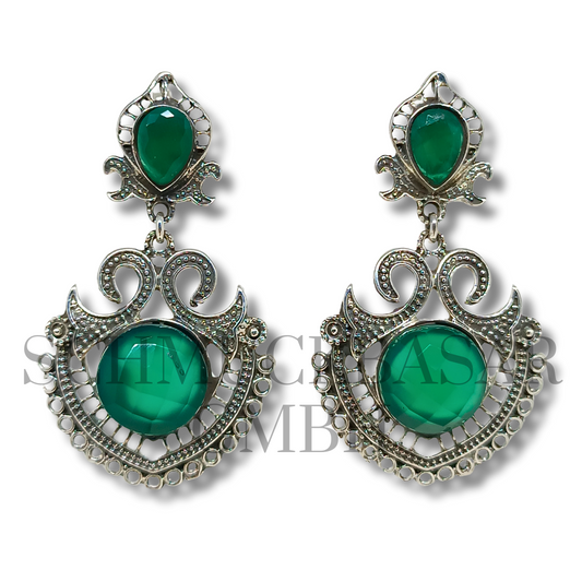 SILVER GREEN ONYX STONE EARRINGS