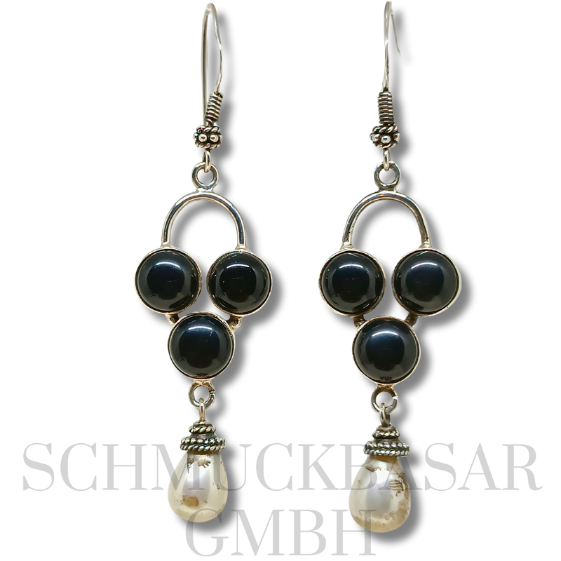 SILVER PEARL BLACK ONYX STONE EARRINGS