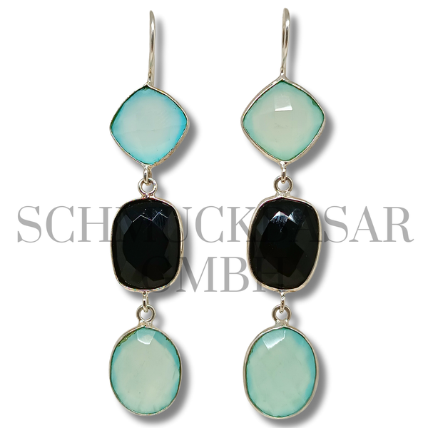 SILVER AQUA CHALCEDONY BLACK ONYX STONE EARRINGS