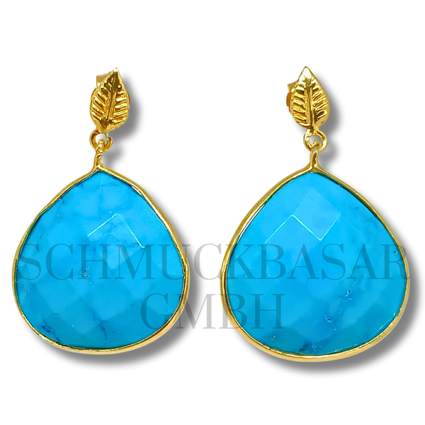 GOLD PLATED BLUE CHALCEDONY STONE EARRINGS