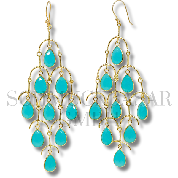 GOLD PLATED AQUA CHALCEDONY STONE EARRINGS