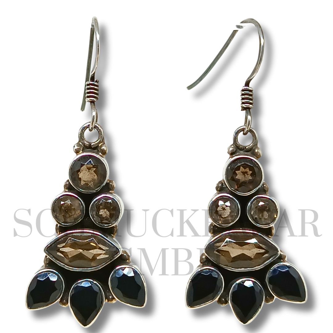 SILVER SMOKEY QUARTZ BLACK ONYX STONE EARRINGS