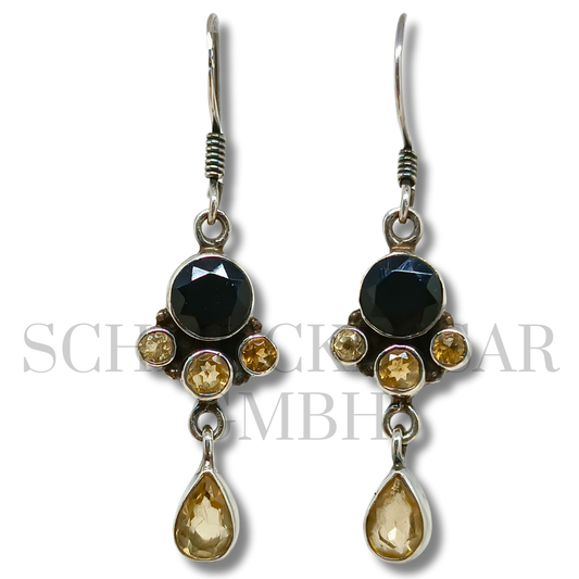 SILVER BLACK ONYX CITRINE STONE EARRINGS